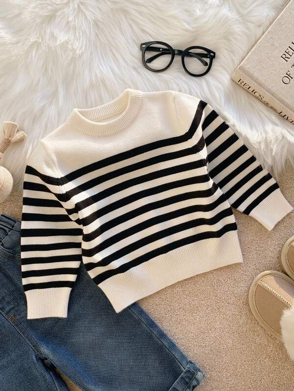SHEIN Unisex Baby Boy/Girl, Toddler Autumn/Winter Thickened Casual Cute Black & White Striped Crew Neck Sweater Knit, Baby Sweater, Fleece, Thickened