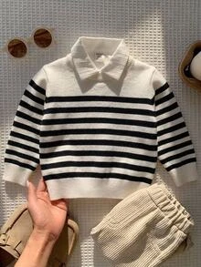 SHEIN 中性嬰兒男/女童、幼兒秋冬加厚休閒可愛黑白條紋圓領針織毛衣、嬰兒毛衣、抓絨、加厚 - 黑與白 - 查看 7