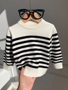 SHEIN 中性嬰兒男/女童、幼兒秋冬加厚休閒可愛黑白條紋圓領針織毛衣、嬰兒毛衣、抓絨、加厚 - 黑與白 - 查看 3