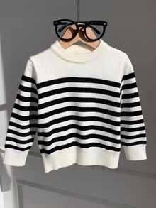 SHEIN 中性嬰兒男/女童、幼兒秋冬加厚休閒可愛黑白條紋圓領針織毛衣、嬰兒毛衣、抓絨、加厚 - 黑與白 - 查看 5