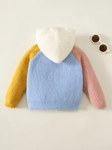 SHEIN 男女嬰兒/幼兒秋冬休閒可愛彩色拼色拼接針織連帽開襟毛衣外套，嬰兒冬季衣物，嬰兒毛衣/開襟衫 - 霧霾藍 - 查看 2