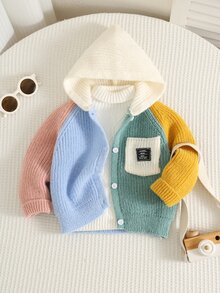 SHEIN 男女嬰兒/幼兒秋冬休閒可愛彩色拼色拼接針織連帽開襟毛衣外套，嬰兒冬季衣物，嬰兒毛衣/開襟衫 - 霧霾藍 - 查看 6