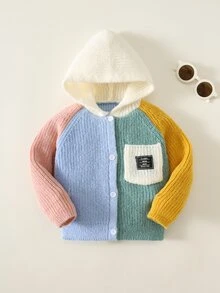 SHEIN 男女嬰兒/幼兒秋冬休閒可愛彩色拼色拼接針織連帽開襟毛衣外套，嬰兒冬季衣物，嬰兒毛衣/開襟衫 - 霧霾藍 - 查看 3