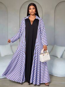 SOLERSUN Vestido camisero largo holgado y casual para mujer talla grande, estilo modesto para uso diario, color liso a rayas, cuello en V con cuello, efecto estilizante, bajo en triángulo invertido, bata elegante y de moda, ajuste cómodo y relajado, inclusivo para tallas grandes, capas minimalistas, estilo diario modesto, versátil para otoño/invierno, elegante, esencia etérea - Azul - Ver 5