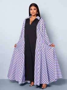 SOLERSUN Vestido camisero largo holgado y casual para mujer talla grande, estilo modesto para uso diario, color liso a rayas, cuello en V con cuello, efecto estilizante, bajo en triángulo invertido, bata elegante y de moda, ajuste cómodo y relajado, inclusivo para tallas grandes, capas minimalistas, estilo diario modesto, versátil para otoño/invierno, elegante, esencia etérea - Azul - Ver 4
