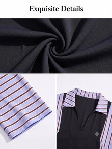 SOLERSUN Vestido camisero largo holgado y casual para mujer talla grande, estilo modesto para uso diario, color liso a rayas, cuello en V con cuello, efecto estilizante, bajo en triángulo invertido, bata elegante y de moda, ajuste cómodo y relajado, inclusivo para tallas grandes, capas minimalistas, estilo diario modesto, versátil para otoño/invierno, elegante, esencia etérea - Azul - Ver 7