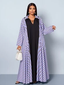 SOLERSUN Vestido camisero largo holgado y casual para mujer talla grande, estilo modesto para uso diario, color liso a rayas, cuello en V con cuello, efecto estilizante, bajo en triángulo invertido, bata elegante y de moda, ajuste cómodo y relajado, inclusivo para tallas grandes, capas minimalistas, estilo diario modesto, versátil para otoño/invierno, elegante, esencia etérea - Azul - Ver 3