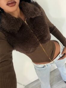 Jeanoix Women's Plush Patchwork Zipper Slim Fit Versatile Daily Travel Long Sleeve Jacket - Grey - View 4