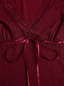 Sweetra Deep V-Neck Lace Trim Tie Front Slim Fit Crop Tee - Burgundy - View 4