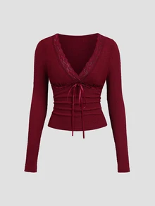 Sweetra Deep V-Neck Lace Trim Tie Front Slim Fit Crop Tee - Burgundy - View 7