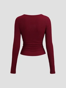 Sweetra Deep V-Neck Lace Trim Tie Front Slim Fit Crop Tee - Burgundy - View 2