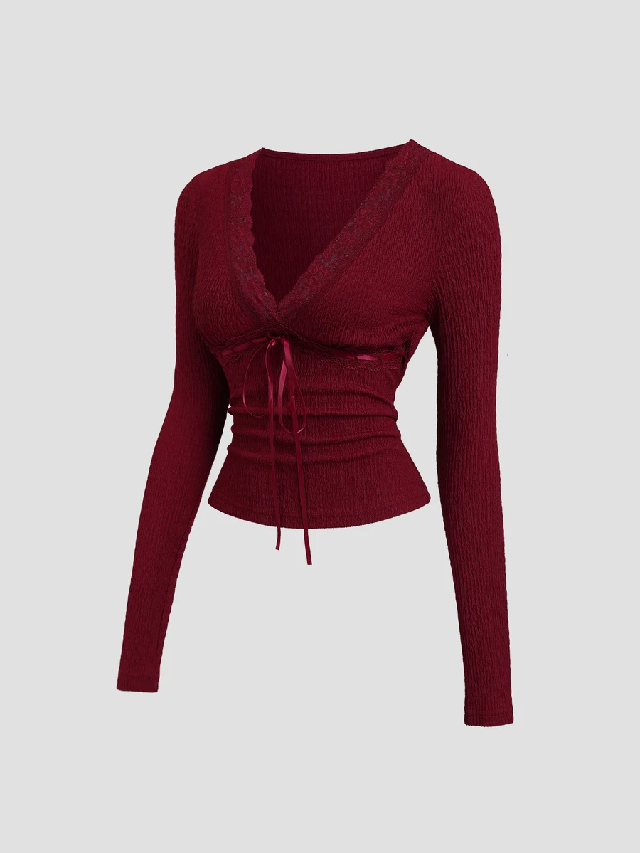 Sweetra Deep V-Neck Lace Trim Tie Front Slim Fit Crop Tee - Burgundy - View 1