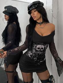 EgrlEra Women's Y2K Halloween Punk Style Off-Shoulder Flare Sleeve Fitted Short Mini Dress - Black - View 4