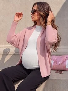 SHEIN Maternity Sweater Loose Fit Batwing Sleeve Oversized Shawl Design Casual Daily Solid Color Knit Cardigan Versatile Sweater Jacket - Dusty Pink - View 8