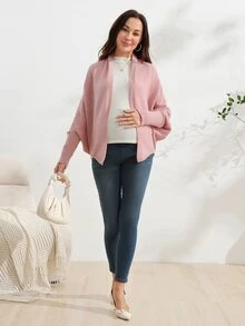 SHEIN Maternity Sweater Loose Fit Batwing Sleeve Oversized Shawl Design Casual Daily Solid Color Knit Cardigan Versatile Sweater Jacket - Dusty Pink - View 5