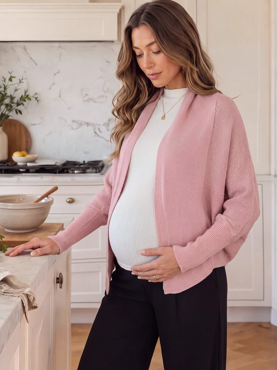 SHEIN Maternity Sweater Loose Fit Batwing Sleeve Oversized Shawl Design Casual Daily Solid Color Knit Cardigan Versatile Sweater Jacket - Dusty Pink - View 1