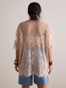 Freevana 大尺碼女款透視蕾絲襯衫，百搭嘉年華派對海灘穿搭 - 卡其色 - 查看 2