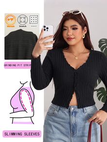 Solflare Plus Size Women's Solid Color Long Sleeve Single-Breasted Casual Top Fall - Black - View 7
