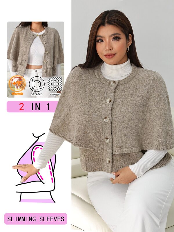 Solflare Plus Size Elegant Solid Color Shawl Sweater, Autumn/Winter