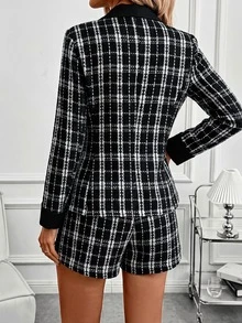 SHEIN Clasi Women's Elegant French Casual Commute Business Work Dinner Office Plaid Blazer Shorts Suit Set Black And White Autumn Halloween New Year Party - Black and White - View 2