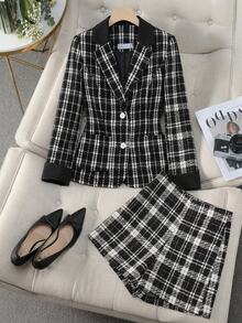 SHEIN Clasi Women's Elegant French Casual Commute Business Work Dinner Office Plaid Blazer Shorts Suit Set Black And White Autumn Halloween New Year Party - Black and White - View 1