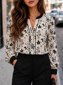 SHEIN Clasi Elegante, lässige Damen Bluse mit langen Ärmeln, V-Ausschnitt, botanischem Print und Cut-out-Details – ideal für Büro, Brunch und Sommer. Beige. - Verschiedenfarbig - Übersicht 3