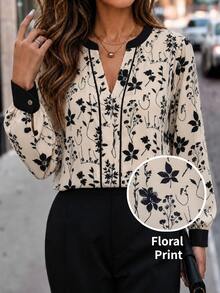 SHEIN Clasi Elegante, lässige Damen Bluse mit langen Ärmeln, V-Ausschnitt, botanischem Print und Cut-out-Details – ideal für Büro, Brunch und Sommer. Beige. - Verschiedenfarbig - Übersicht 9