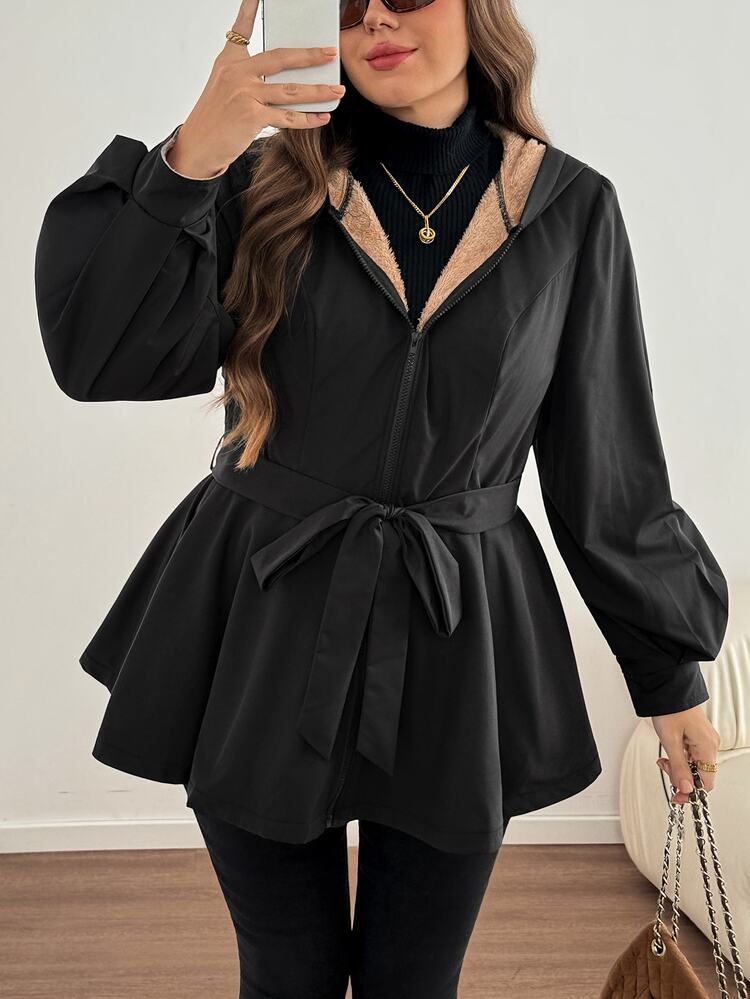 SHEIN LUNE Plus Size Solid Color Women's Hooded Elegant Jacket, Autumn/Winter - Black - View 3