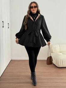 SHEIN LUNE 大尺碼女款純色連帽優雅夾克，秋冬款 - 黑色 - 查看 4