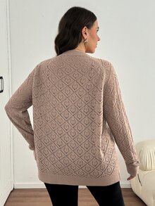 Comfylo Plus Size Women Solid Color Hollow Out Long Sleeve Single Breasted Knit Cardigan Fall - Pink - View 2