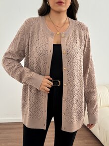 Comfylo Plus Size Women Solid Color Hollow Out Long Sleeve Single Breasted Knit Cardigan Fall - Pink - View 1