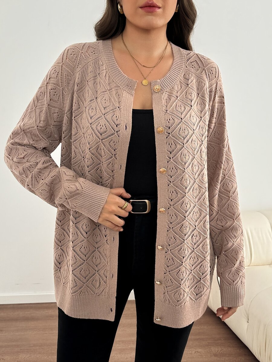 Comfylo Plus Size Women Solid Color Hollow Out Long Sleeve Single Breasted Knit Cardigan Fall - Pink - View 1