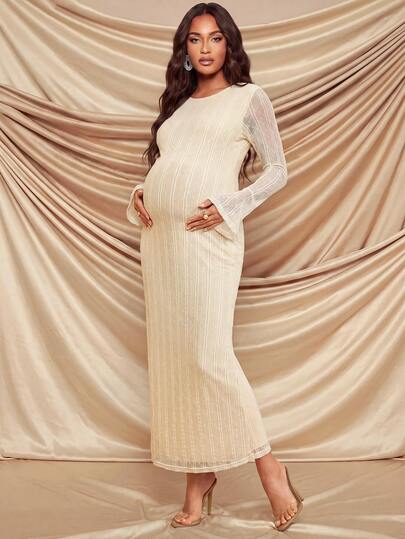 MaterniChic Elegant Maternity Beige Slim-Fit Maternity Dress-Perfect For Autumn Parties Photoshoot Baby Shower Chic Evening Dress Party Dress Elegant Party