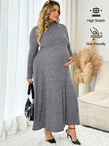 Plussiva Robe en tricot côtelé à col montant grande taille - Gris - Voir 1
