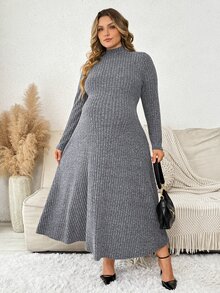 Plussiva Robe en tricot côtelé à col montant grande taille - Gris - Voir 5