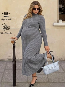 Plussiva Robe en tricot côtelé à col montant grande taille - Gris - Voir 3