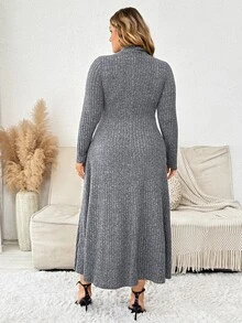 Plussiva Robe en tricot côtelé à col montant grande taille - Gris - Voir 2