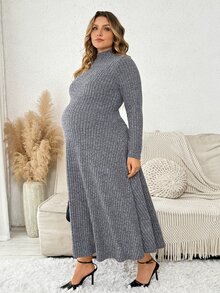 Plussiva Robe en tricot côtelé à col montant grande taille - Gris - Voir 7