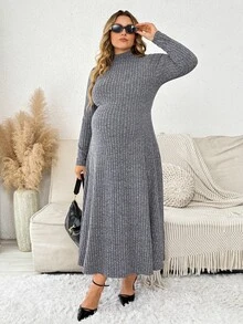 Plussiva Robe en tricot côtelé à col montant grande taille - Gris - Voir 4