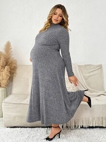 Plussiva Robe en tricot côtelé à col montant grande taille - Gris - Voir 8