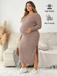 Plussiva Plus Size Maternity Split Thigh Ribbed Knit Dress Fall - Brown - View 1
