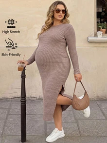 Plussiva Plus Size Maternity Split Thigh Ribbed Knit Dress Fall - Brown - View 3