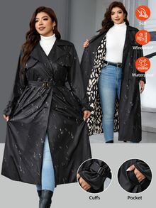 Reflora Plus Size Fashion Street Button PU Material Long Sleeve Trench Coat Fall - Black - View 8