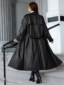 Reflora Plus Size Fashion Street Button PU Material Long Sleeve Trench Coat Fall - Black - View 2
