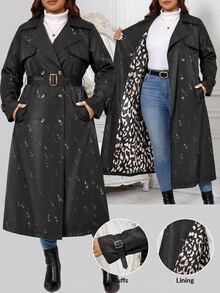 Reflora Plus Size Fashion Street Button PU Material Long Sleeve Trench Coat Fall - Black - View 7