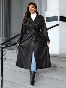 Reflora Plus Size Fashion Street Button PU Material Long Sleeve Trench Coat Fall - Black - View 4