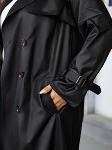 Reflora Plus Size Fashion Street Button PU Material Long Sleeve Trench Coat Fall - Black - View 5