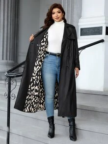 Reflora Plus Size Fashion Street Button PU Material Long Sleeve Trench Coat Fall - Black - View 1