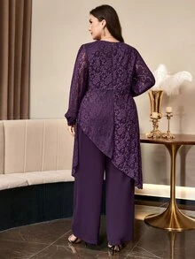 Reflora 大尺碼女款蕾絲不對稱下擺 3D 花卉裝飾上衣與寬腿褲優雅兩件套 秋季 - 紫色 - 查看 3