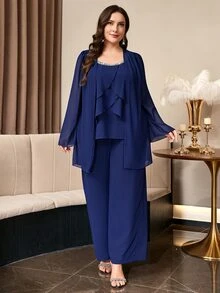 Reflora 大尺碼女款網紗長袖上衣與長褲休閒日常兩件套 冬季 - 藍色 - 查看 6